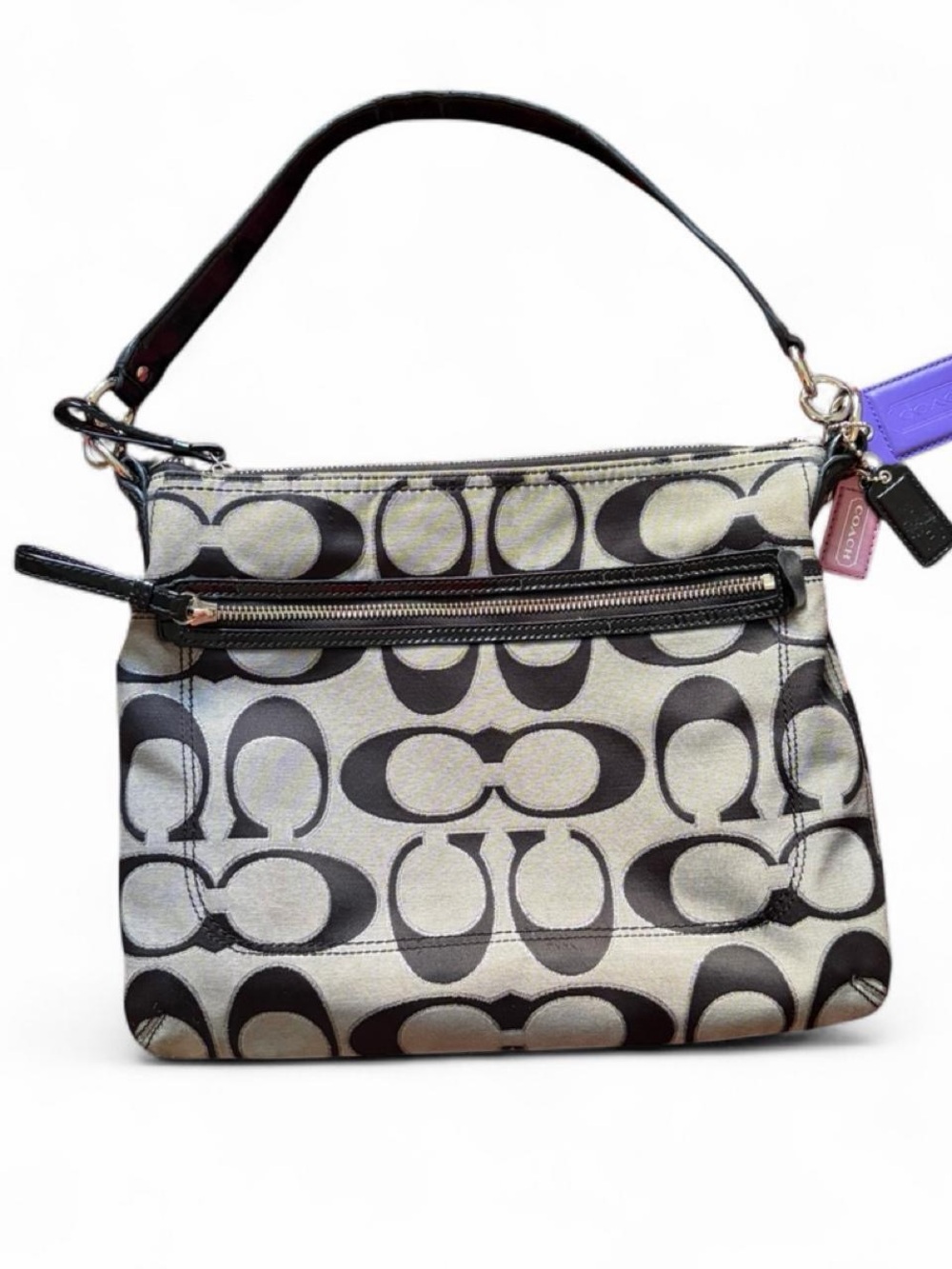 Vintage Coach Black and Cream Signature Canvas Shoulder Bag with Leather Strap